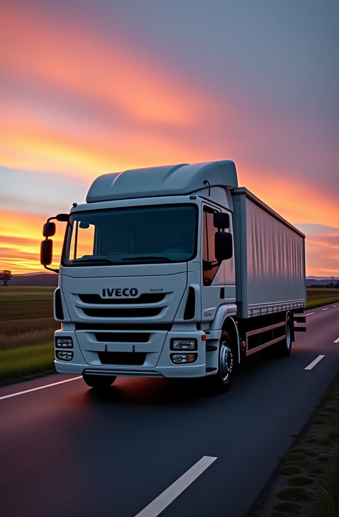  imagina un camión iveco daily chasis 70c15, de color blanco intenso, recorriendo la carretera de los medanos de coro, falcon en venezuela. es un día soleado y la luz se refleja en la superficie metálica del vehículo, acentuando sus líneas fuertes y su diseño industrial. finalmente, imagina el cielo al atardecer, con tonos de naranja, rosa y violeta que se mezclan y reflejan en los cristales del camión. hyperrealistic, full body, detailed clothing, highly detailed, cinematic lighting, stunningly beautiful, intricate, sharp focus, f/1. 8, 85mm, (centered image composition), (professionally color graded), ((bright soft diffused light)), volumetric fog, trending on instagram, trending on tumblr, HDR 4K, 8K