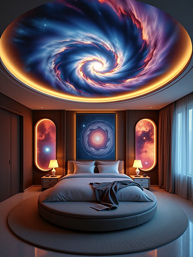  high quality portrait photo of an elegant bedroom with a spiral galaxy inspired ceiling, featuring a round rotating bed and walls lined with illuminated nebula art pieces hyperrealistic, full body, detailed clothing, highly detailed, cinematic lighting, stunningly beautiful, intricate, sharp focus, f/1. 8, 85mm, (centered image composition), (professionally color graded), ((bright soft diffused light)), volumetric fog, trending on instagram, trending on tumblr, HDR 4K, 8K