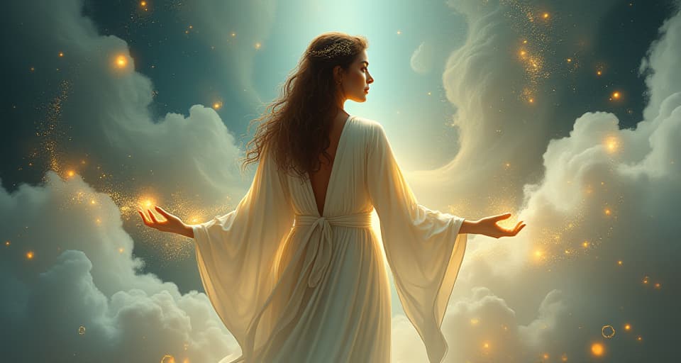  woman in flowing robes, surrounded by soft glowing lights, synchronizing with universe. ethereal, harmonious, serene connection.. the style is digital art illustration,highly detailed, whimsical,magical, dreamlike atmosphere, realism and fantasy blend, smooth, glossy textures,luminous quality, wonder and enchantment.