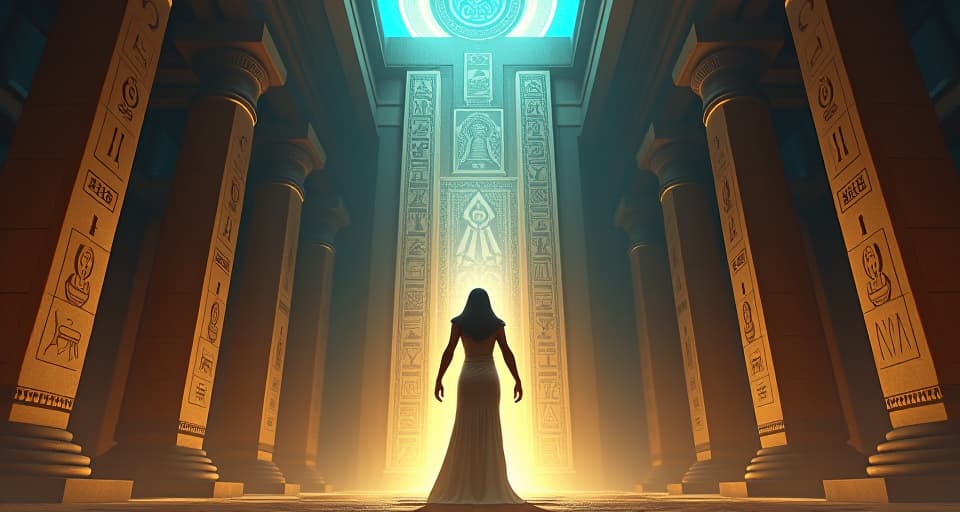  grand ancient hall, walls with quivering hieroglyphs, figure unleashing powerful truth, atmosphere of unstoppable revelation, historical reckoning. the style is digital art illustration / modern comic book / mysterious occult, symbolic, esoteric vibe,high detail on character design, incorporating ancient egyptian symbology and attire.