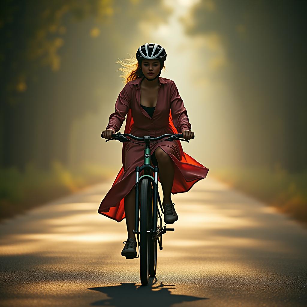  the woman ride bicycle on road hyperrealistic, full body, detailed clothing, highly detailed, cinematic lighting, stunningly beautiful, intricate, sharp focus, f/1. 8, 85mm, (centered image composition), (professionally color graded), ((bright soft diffused light)), volumetric fog, trending on instagram, trending on tumblr, HDR 4K, 8K