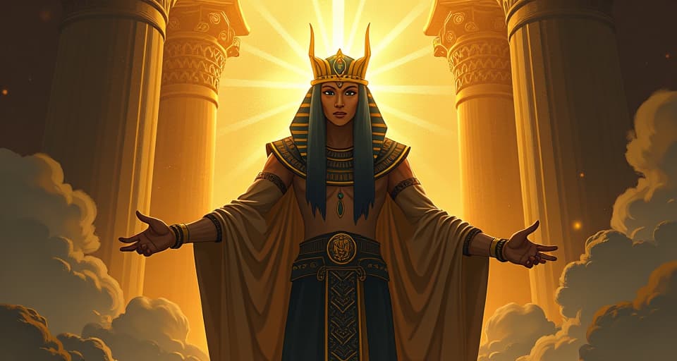  truth unveiled, light shimmer expands from figure, awe in the audience's eyes. the style is digital art illustration / modern comic book / mysterious occult, symbolic, esoteric vibe,high detail on character design, incorporating ancient egyptian symbology and attire.