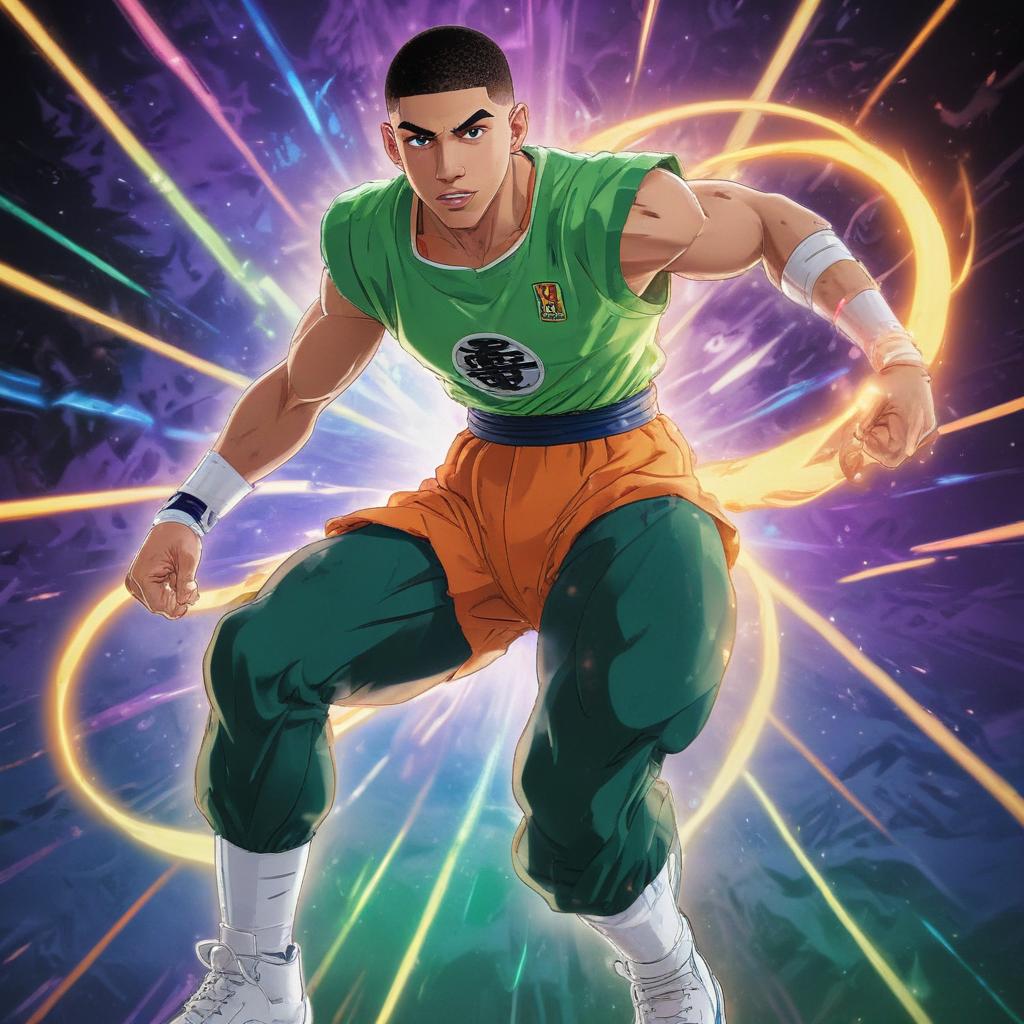 distance-shot, flashy, full-body, dynamic, holographic, animated cartoon poster of jayson tatum in the style of dragon ball super