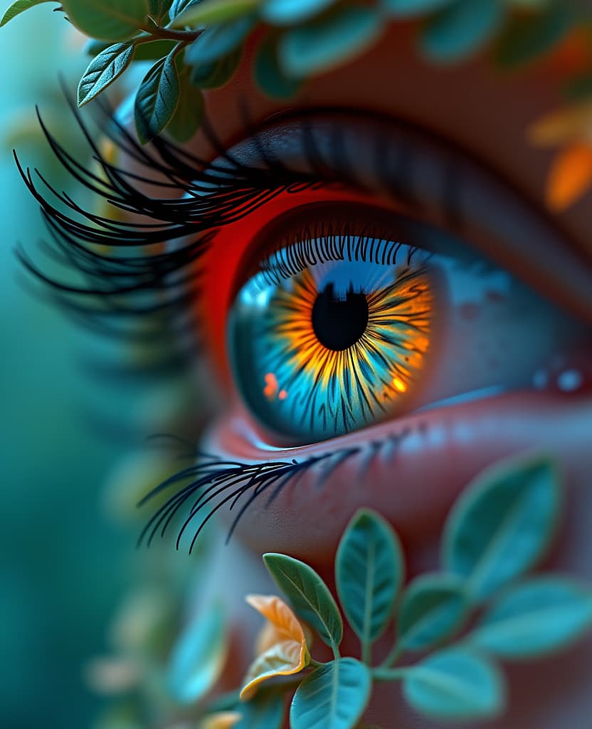  digital art: an eye catching, extreme closeup of a human eye with a in a surreal landscape, two vibrant colors dance together in perfect harmony. the leaves of a long necked tree dance in a mesmerizing display, their petals glistening in the light. hyperrealistic, full body, detailed clothing, highly detailed, cinematic lighting, stunningly beautiful, intricate, sharp focus, f/1. 8, 85mm, (centered image composition), (professionally color graded), ((bright soft diffused light)), volumetric fog, trending on instagram, trending on tumblr, HDR 4K, 8K