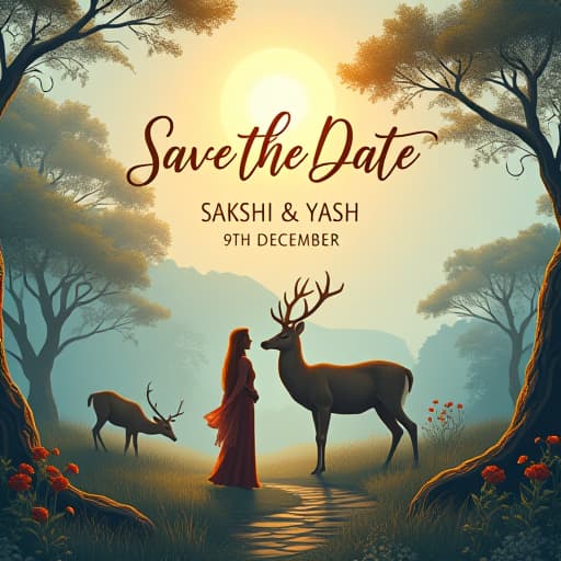  design a traditional and artistic 'save the date' wedding invitation with the following elements: theme: use a nature inspired, artistic theme with an emphasis on indian wildlife and a serene landscape. top section: headline: 'save the date' in elegant, cursive font, placed at the top center in a gold or bronze color. names: below the headline, display the names 'sakshi & yash' in a large, flowing script font in teal or deep blue, adding a romantic and personalized touch. date section: date: '8 9th december' in a classic serif font in a warm brown color, centered below the names. venue: below the date, include the venue details: 'hotel holiday village and radison gandhidham' in the same serif font and color, ensuring it is easily read hyperrealistic, full body, detailed clothing, highly detailed, cinematic lighting, stunningly beautiful, intricate, sharp focus, f/1. 8, 85mm, (centered image composition), (professionally color graded), ((bright soft diffused light)), volumetric fog, trending on instagram, trending on tumblr, HDR 4K, 8K