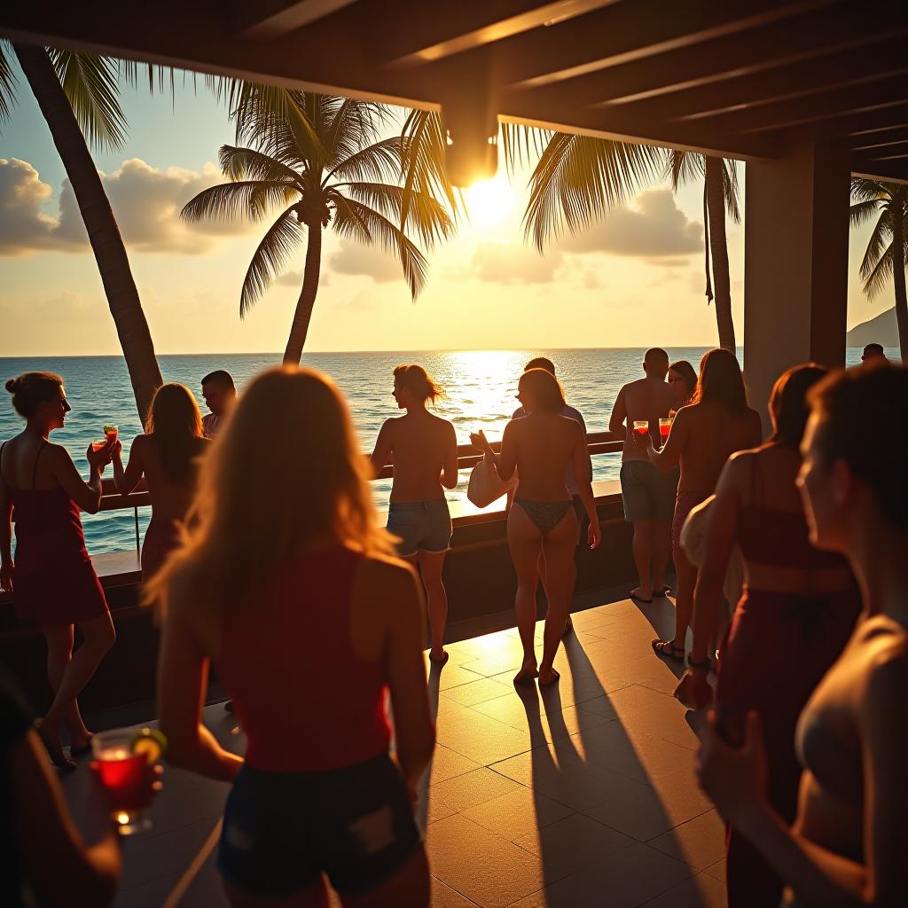  hdr photo of sea, latin bar with palms, sunlight, people with cocktails dance . high dynamic range, vivid, rich details, clear shadows and highlights, realistic, intense, enhanced contrast, highly detailed hyperrealistic, full body, detailed clothing, highly detailed, cinematic lighting, stunningly beautiful, intricate, sharp focus, f/1. 8, 85mm, (centered image composition), (professionally color graded), ((bright soft diffused light)), volumetric fog, trending on instagram, trending on tumblr, HDR 4K, 8K