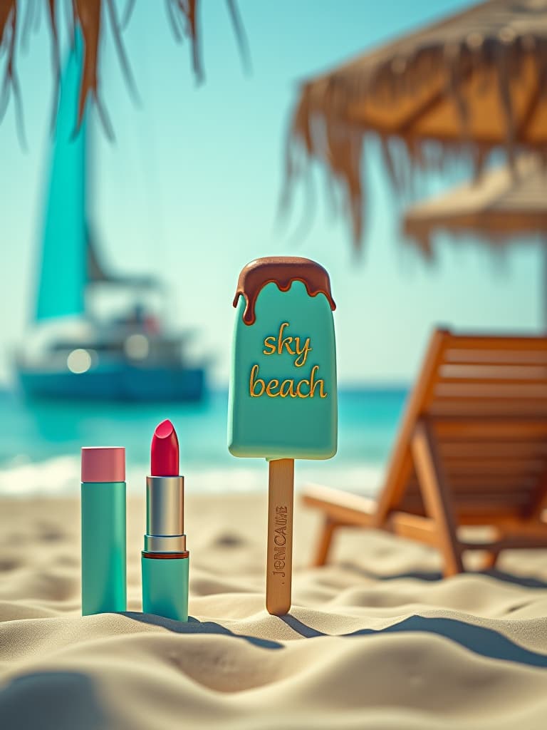  cinematic photo realistic image high detail, turquoise ice cream in chocolate on a stick with the inscription in gold letters "sky beach" stands on a sandy beach, four bright lipstick, turquoise cans of cosmetics, teak chairs, beige beach umbrellas, blue yacht with turquoise sail, sunset in the sea horizon . 35mm photograph, film, bokeh, professional, 4k, highly detailed