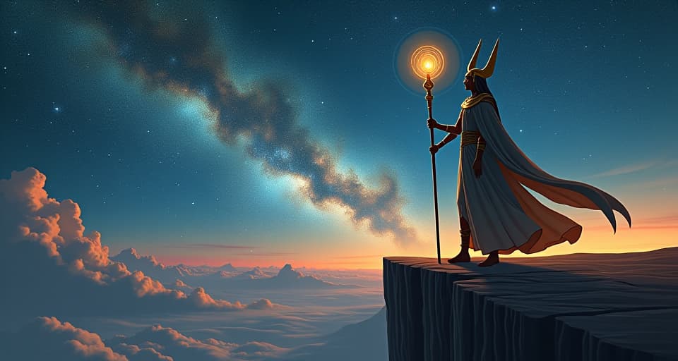  a powerful deity figure, holding a radiant staff, standing on the edge of a cliff overlooking a vast celestial landscape, stars and galaxies swirling, symbolizing inner power and realization. the style is digital art illustration / modern comic book / mysterious occult, symbolic, esoteric vibe,high detail on character design, incorporating ancient egyptian symbology and attire.