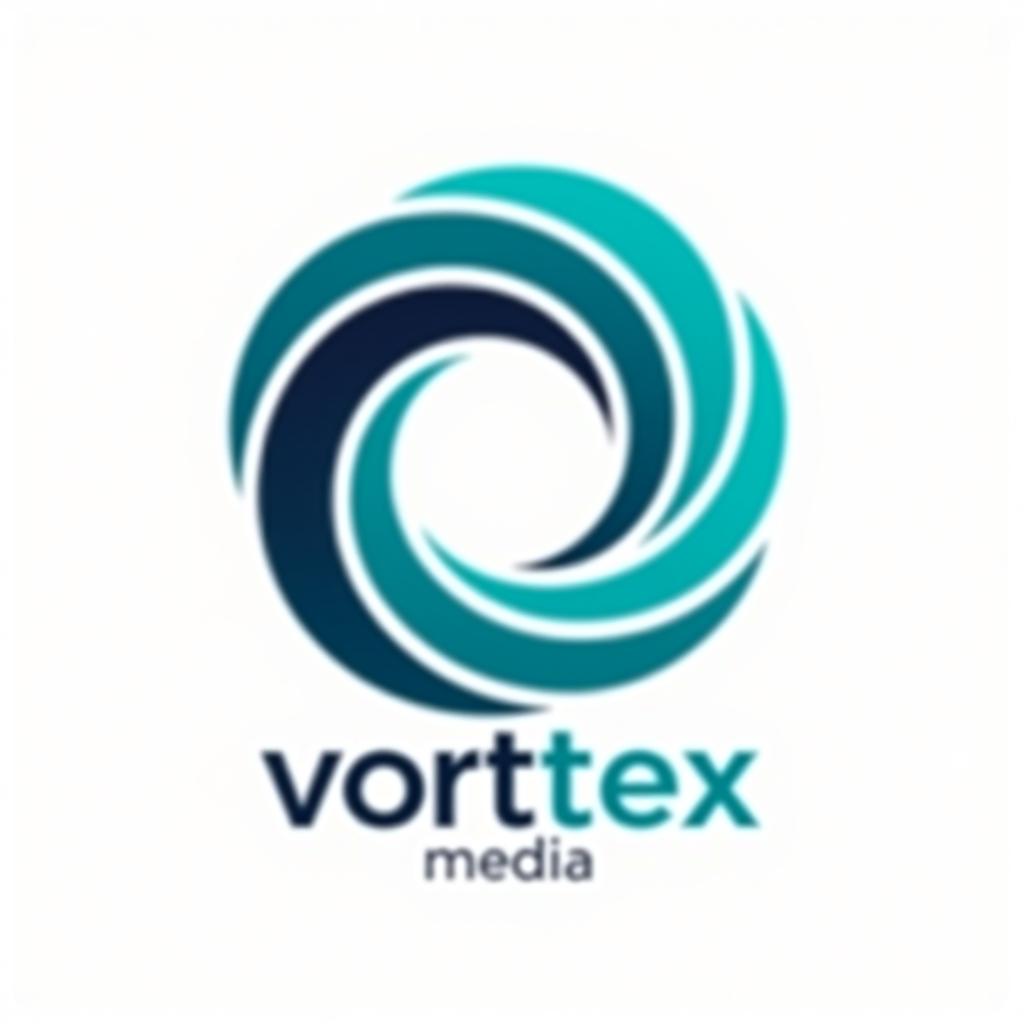  design a logo, a company logo with a circular vortex logo, clean beautiful design, simple, beautiful aesthetic, duotone blue and teal on white background, sharp, clean lines, hurricane, with the text 'vortex media'.