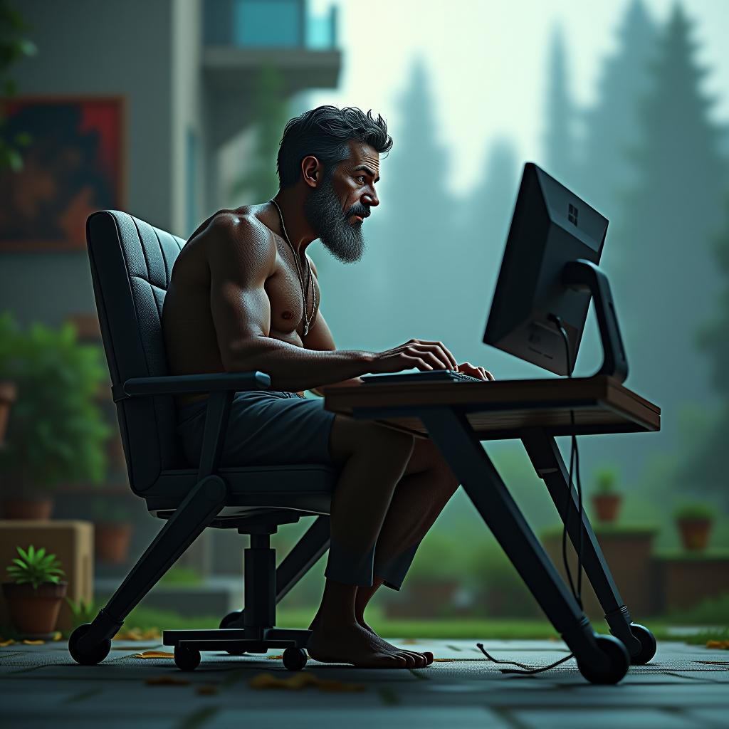  a very weak and lean man who used his three legged computer to play minecraft photo realistic, highly intricate and detailed, masterpiece, ultra high res,photography,8k resolution