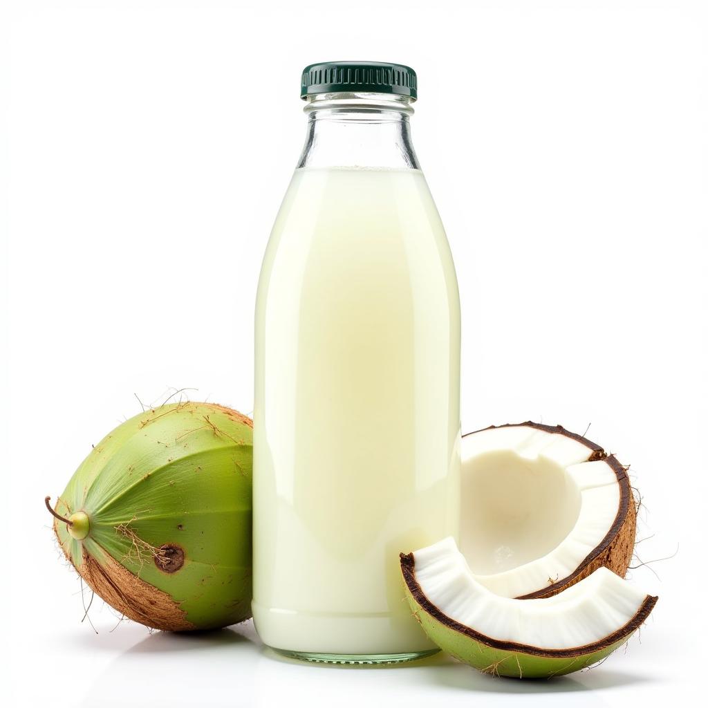  fresh coconut water in a bottle, isolated on white background, refreshing and vibrant, high quality, high details, hd, perfect composition, 4k epic detailed, highly detailed, sharp focus, high resolution