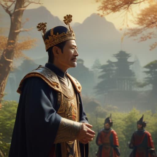 An emperor gives a word to his people in Cinematic style with Nature background