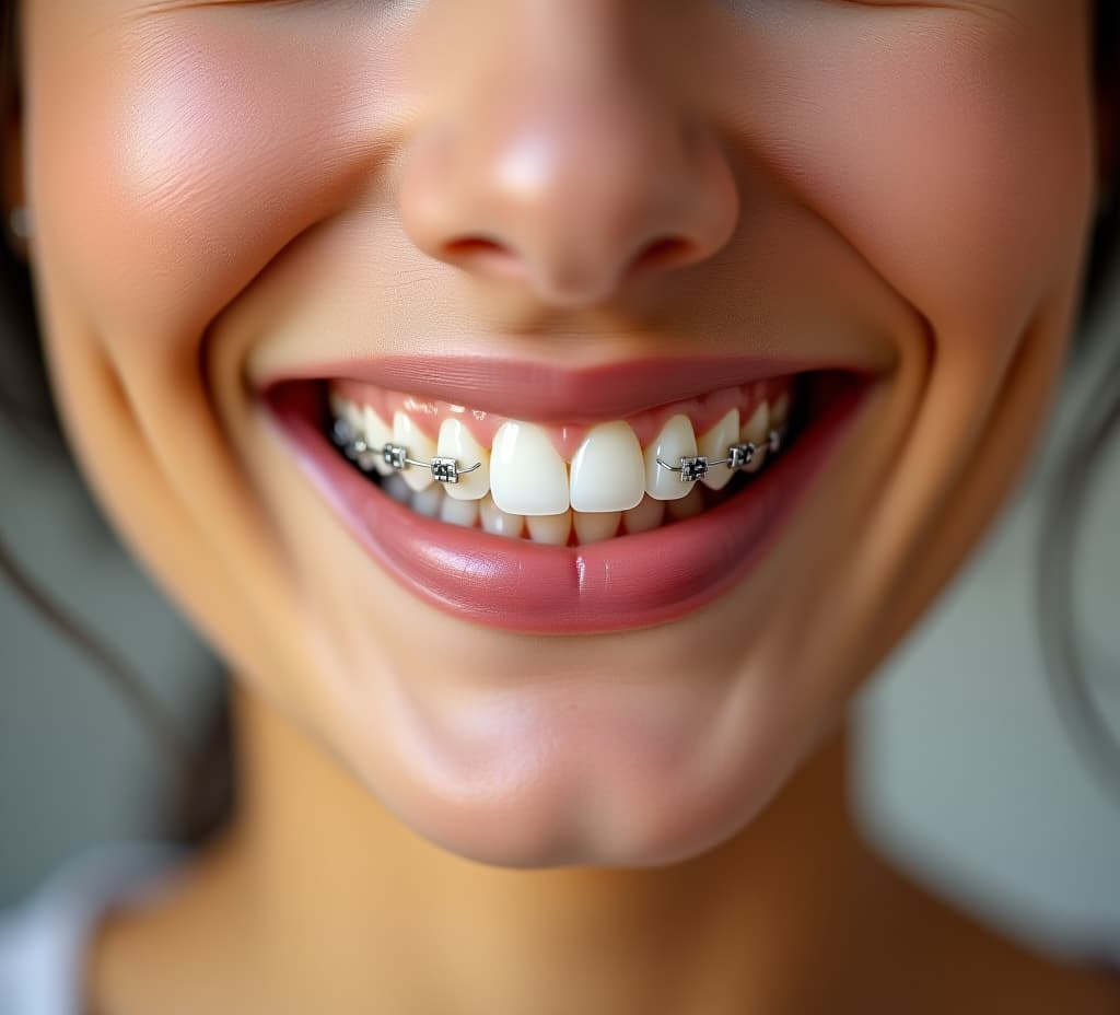  close up of a woman smiling while wearing orthodontic braces on her teeth