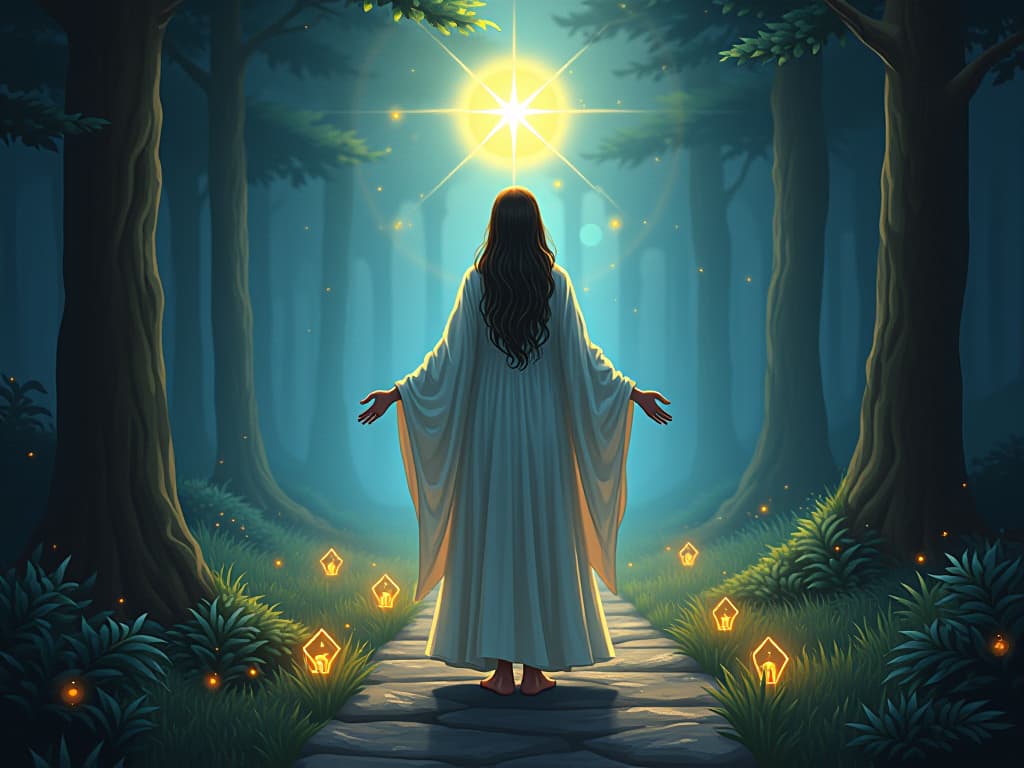  mystic committed to spiritual growth, standing on a path surrounded by glowing ethereal lights and mystical symbols in an enchanted forest setting.. the style is digital art illustration,highly detailed, whimsical,magical, dreamlike atmosphere, realism and fantasy blend, smooth, glossy textures,luminous quality, wonder and enchantment.