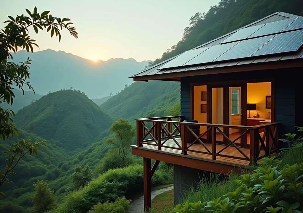  a serene eco lodge in jamaica's blue mountains, with a wooden balcony overlooking lush green hills and coffee plantations, solar panels visible on the roof, and a small organic garden in the foreground., in the style of disney hyperrealistic, full body, detailed clothing, highly detailed, cinematic lighting, stunningly beautiful, intricate, sharp focus, f/1. 8, 85mm, (centered image composition), (professionally color graded), ((bright soft diffused light)), volumetric fog, trending on instagram, trending on tumblr, HDR 4K, 8K