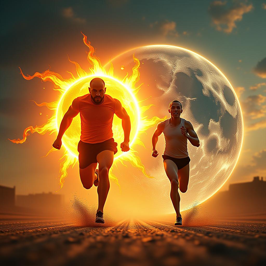  create a high quality, photorealistic image that vividly depicts the following scene: an ultra realistic, vibrant image featuring the sun and moon personified as larger than life, celestial beings, caught in a fierce and thrilling marathon, racing against each other with the earth as their background. sun, depicted as a radiant figure with glorious, bright and burning elements making up its form, shows an expression of determination and excitement. moon, emanates a cooler, silvery glow, a confident, almost arrogant stance captured mid stride. earth serves as a detailed background, a vivid and dynamic racetrack. shot with a wide angle capturing the immensity of their contest, olympus om d e m1 mark iii, leica, f/2.8, iso 100, 1/500s, 8k hyperrealistic, full body, detailed clothing, highly detailed, cinematic lighting, stunningly beautiful, intricate, sharp focus, f/1. 8, 85mm, (centered image composition), (professionally color graded), ((bright soft diffused light)), volumetric fog, trending on instagram, trending on tumblr, HDR 4K, 8K