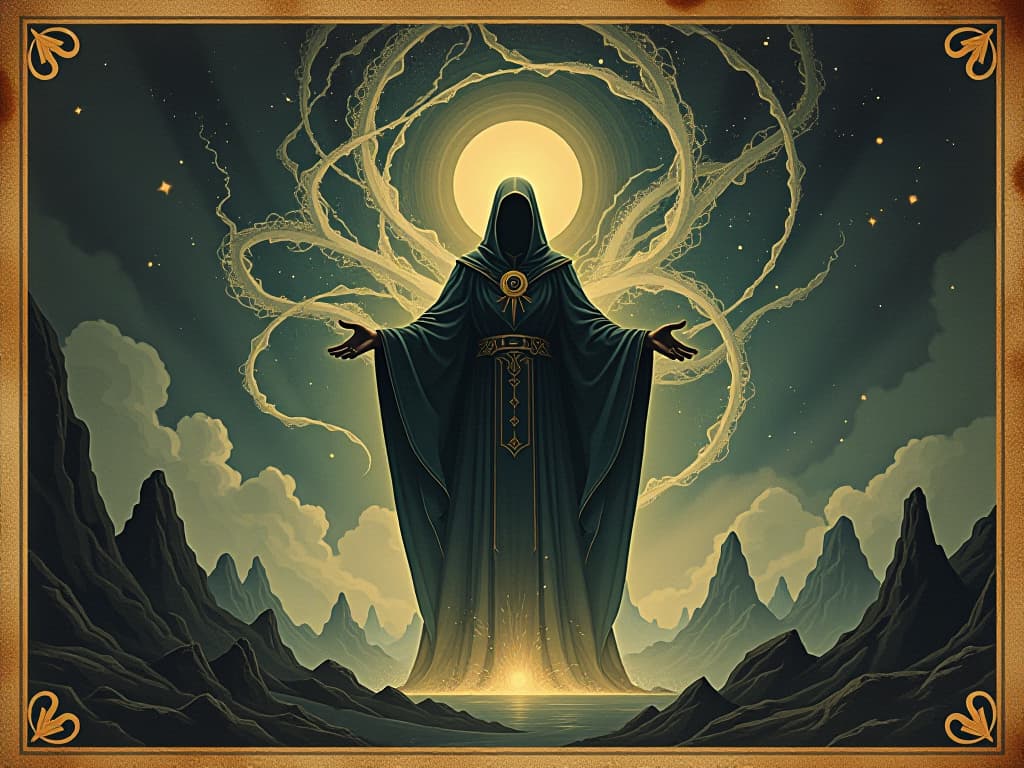  universal guidance, figure surrounded by light tendrils, cosmic landscape, protection, enlightenment. an illustration in the style of a worn, mystical old tarot trump card, mysterious and elements of surrealism. the colors are muted, somber and eerie, but with contrast bring out an occult and esoteric vibe.