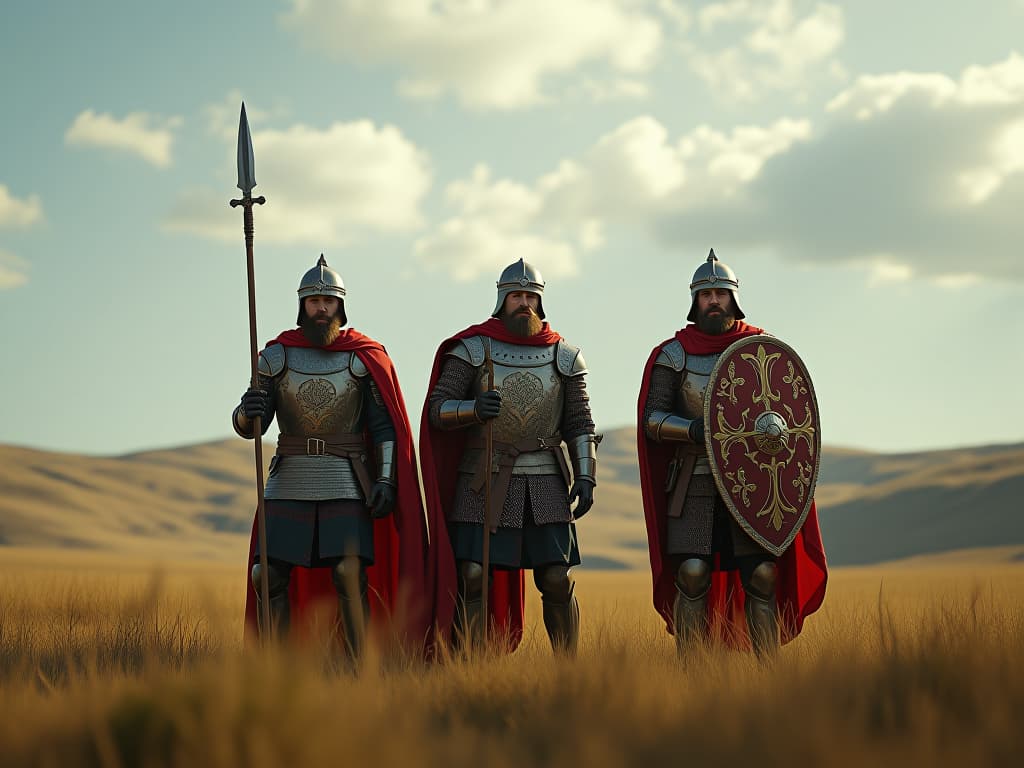  cinematic photo a cinematic, photorealistic digital painting of three russian bogatyrs standing in a wide open field with rolling hills in the background, in 16:9 format. each bogatyr is wearing traditional medieval russian armor with intricate slavic folklore inspired designs. they wear helmets with visors and flowing red capes. the central bogatyr holds a large sword, while the other two hold spears and large shields adorned with traditional patterns. the scene is set under a partly cloudy sky, with beautiful dramatic lighting creating an epic and heroic atmosphere, ar 16:9 . 35mm photograph, film, bokeh, professional, 4k, highly detailed hyperrealistic, full body, detailed clothing, highly detailed, cinematic lighting, stunningly beautiful, intricate, sharp focus, f/1. 8, 85mm, (centered image composition), (professionally color graded), ((bright soft diffused light)), volumetric fog, trending on instagram, trending on tumblr, HDR 4K, 8K