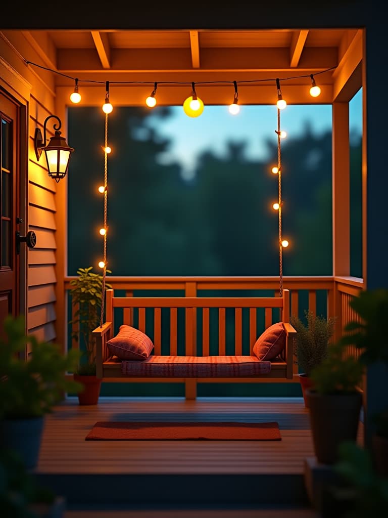  high quality portrait photo of a cozy small porch with a compact hanging swing, string lights, and potted plants, viewed from a slightly elevated angle at twilight hyperrealistic, full body, detailed clothing, highly detailed, cinematic lighting, stunningly beautiful, intricate, sharp focus, f/1. 8, 85mm, (centered image composition), (professionally color graded), ((bright soft diffused light)), volumetric fog, trending on instagram, trending on tumblr, HDR 4K, 8K