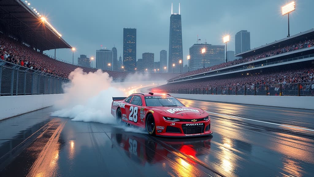  generate an image capturing the electrifying nascar race in chicago's grant park, showcasing alex bowman's triumphant win. include a detailed depiction of the 3.5 kilometer track amidst the city's skyline, with rain and challenging weather conditions adding drama. highlight bowman's car crossing the finish line, surrounded by competitors navigating strategic tire selections. incorporate ty gibbs leading the race, kyle larson's unexpected setback, and shane van g's intense battle for position. em