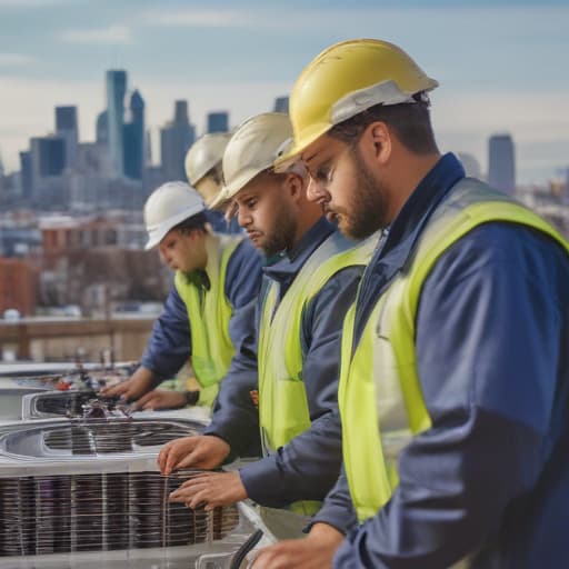 team of ten hvac technicians on a project with City background