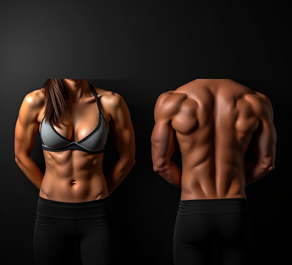  athletic muscular woman and man torsos on a black background. layout concept for a gym or fitness training.