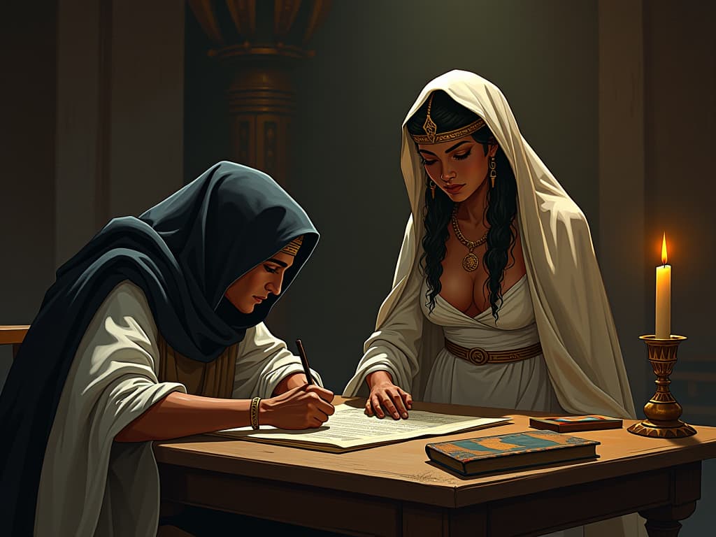  ancient egyptian scribe in a dimly lit chamber, writing on a papyrus scroll, large busted priestess in form fitting linen, holding a candle, scene of clarity and purpose. the style is digital art illustration / modern comic book / mysterious occult, symbolic, esoteric vibe,high detail on character design, incorporating ancient egyptian symbology and attire.