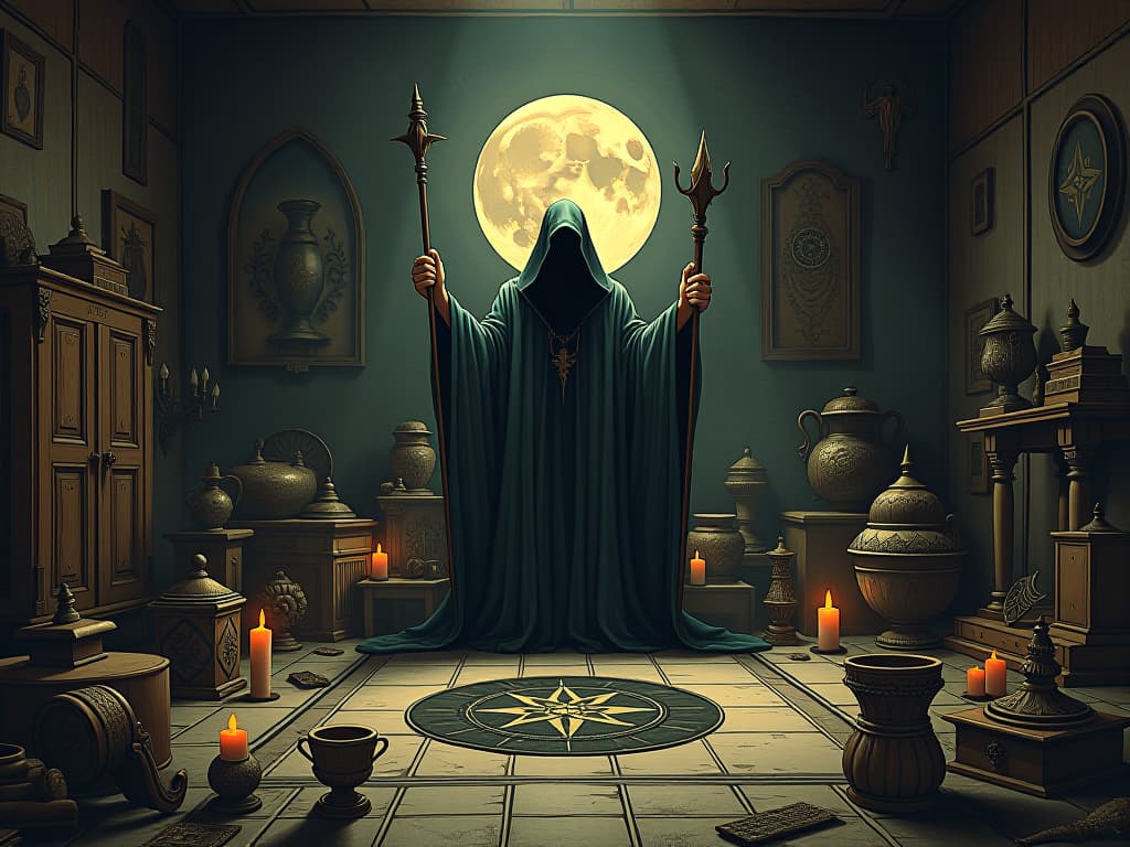  collection of ancient relics, darkened room, heavy history, sense of stories untold, shadows suggesting past events. an illustration in the style of a worn, mystical old tarot trump card, mysterious and elements of surrealism. the colors are muted, somber and eerie, but with contrast bring out an occult and esoteric vibe.