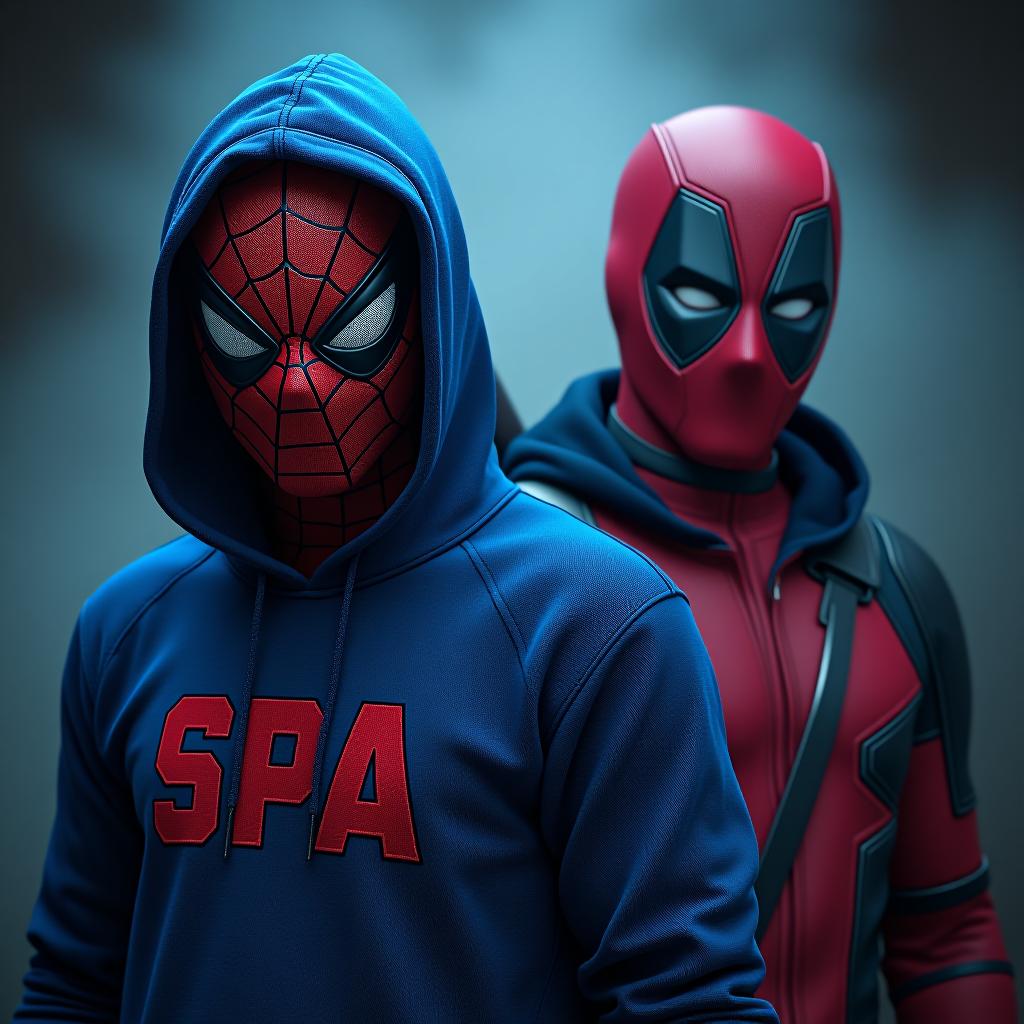  front facing man with a spiderman mask on his face with a blue hoodie with spa written on hoodie on left side and man with a deadpool mask on his face with a blue hoodie with rky written on hoodie hyperrealistic, full body, detailed clothing, highly detailed, cinematic lighting, stunningly beautiful, intricate, sharp focus, f/1. 8, 85mm, (centered image composition), (professionally color graded), ((bright soft diffused light)), volumetric fog, trending on instagram, trending on tumblr, HDR 4K, 8K