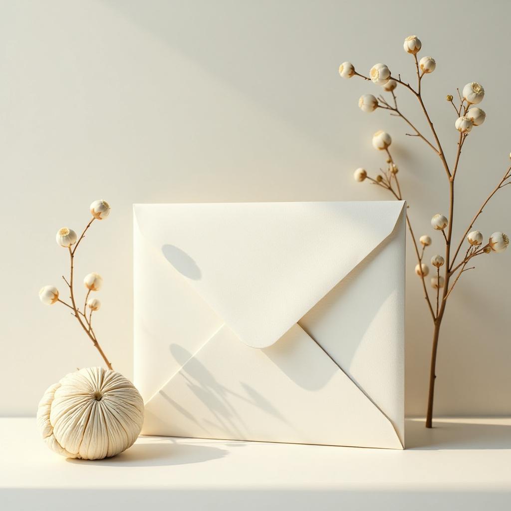  create a minimalist image that combines the elements of an envelope, blending seamlessly into a serene environment. focus on sharp, clear lines to enhance the structure of the envelope, which should be placed in a harmonious setting that suggests simplicity and clarity. the background should be uncluttered, emphasizing the envelope as the central object, with soft, natural lighting that accentuates its contours and textures. the scene should evoke a sense of calm and order, inviting viewers to contemplate the relationship between the envelope and its surroundings, while maintaining a cohesive visual narrative.