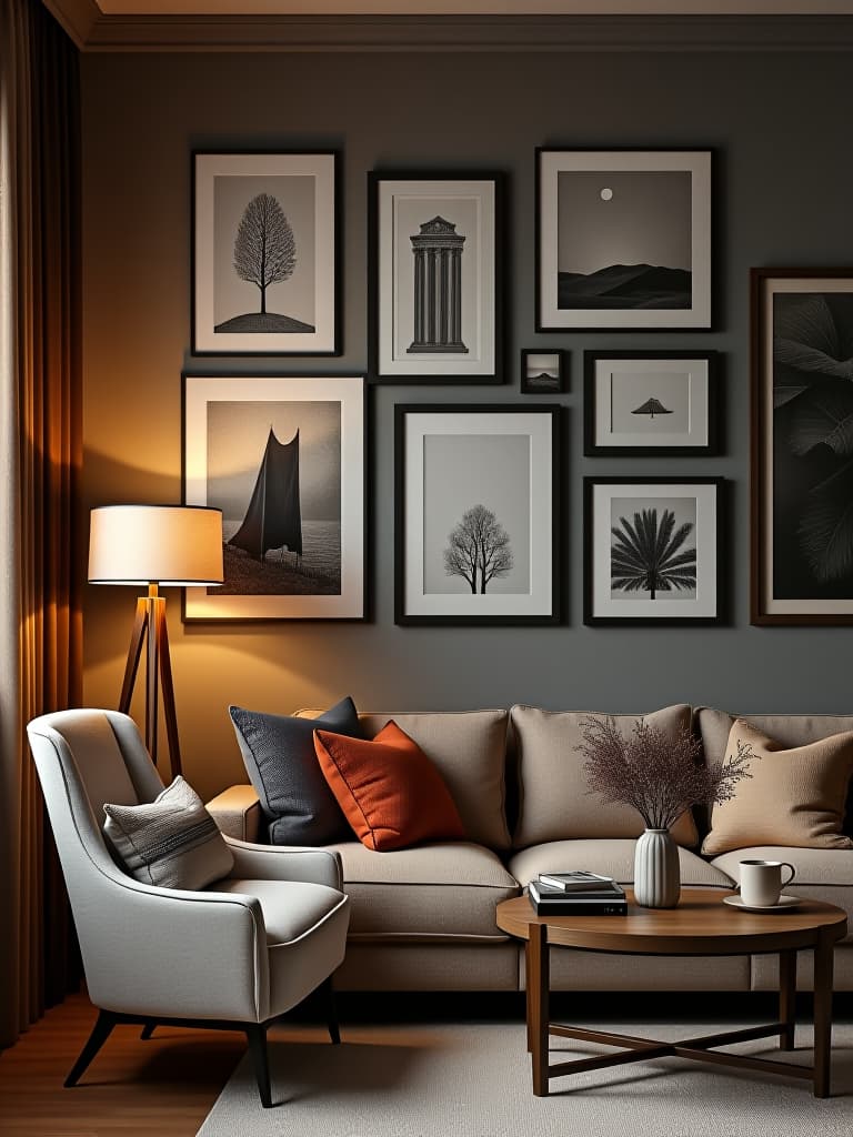  high quality portrait photo of a living room featuring a gallery wall with a mix of framed art and photographs, complemented by a stylish floor lamp and a cozy reading nook hyperrealistic, full body, detailed clothing, highly detailed, cinematic lighting, stunningly beautiful, intricate, sharp focus, f/1. 8, 85mm, (centered image composition), (professionally color graded), ((bright soft diffused light)), volumetric fog, trending on instagram, trending on tumblr, HDR 4K, 8K