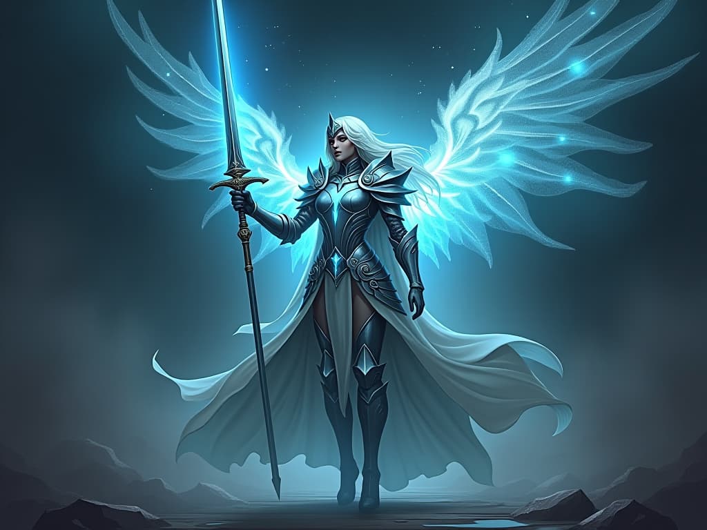  ethereal warrior with glowing armor, sword held high, standing in defiance against a shadowy presence, aura of courage and protection, magical and fierce atmosphere. the style is digital art illustration,highly detailed, whimsical,magical, dreamlike atmosphere, realism and fantasy blend, smooth, glossy textures,luminous quality, wonder and enchantment.