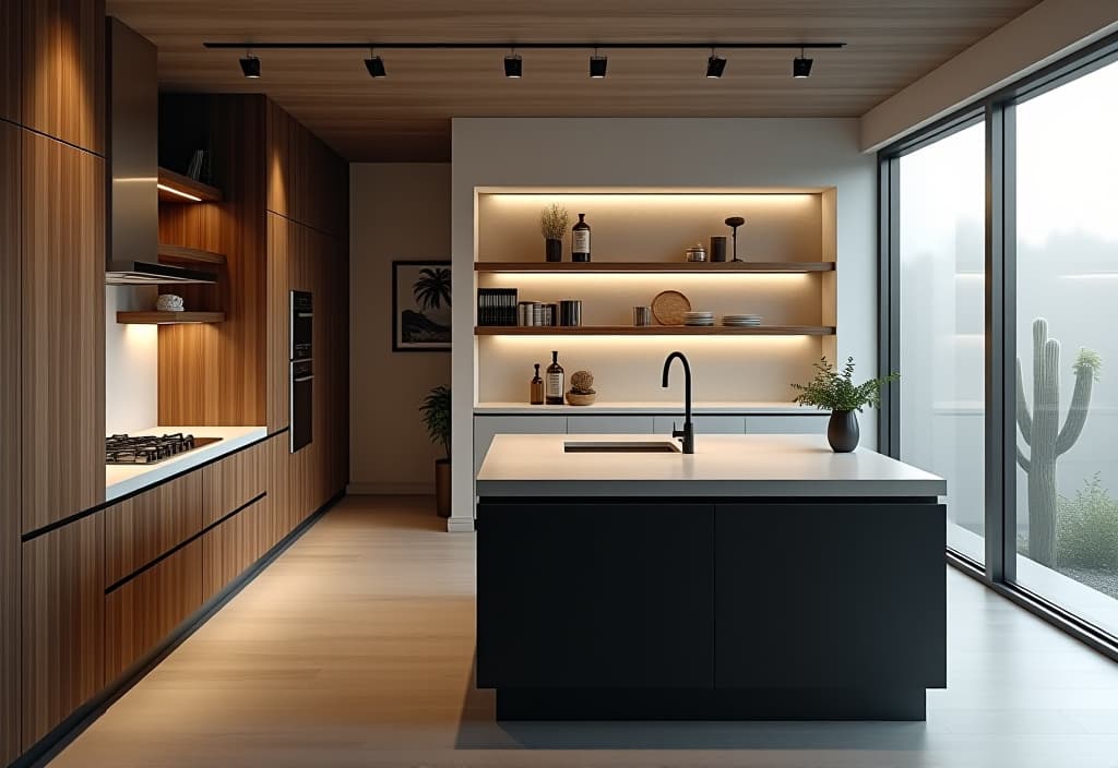  a landscape photo of a galley kitchen with floating shelves, corner sink, and multi functional island, captured in a wide angle shot hyperrealistic, full body, detailed clothing, highly detailed, cinematic lighting, stunningly beautiful, intricate, sharp focus, f/1. 8, 85mm, (centered image composition), (professionally color graded), ((bright soft diffused light)), volumetric fog, trending on instagram, trending on tumblr, HDR 4K, 8K