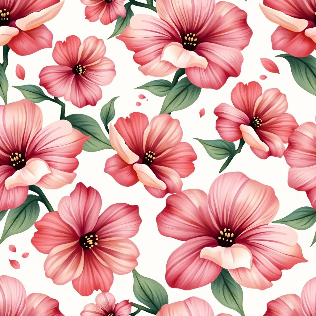  create a seamless digital design featuring a pattern of large, beautiful flowers with soft, watercolor like effects. the flowers should cover the entire surface, creating a bold, elegant, and continuous look. the overall style should be light and airy, with delicate leaves and petals to enhance the natural, floral theme. the design should be seamless to ensure it can be used in repeating patterns or wraps.