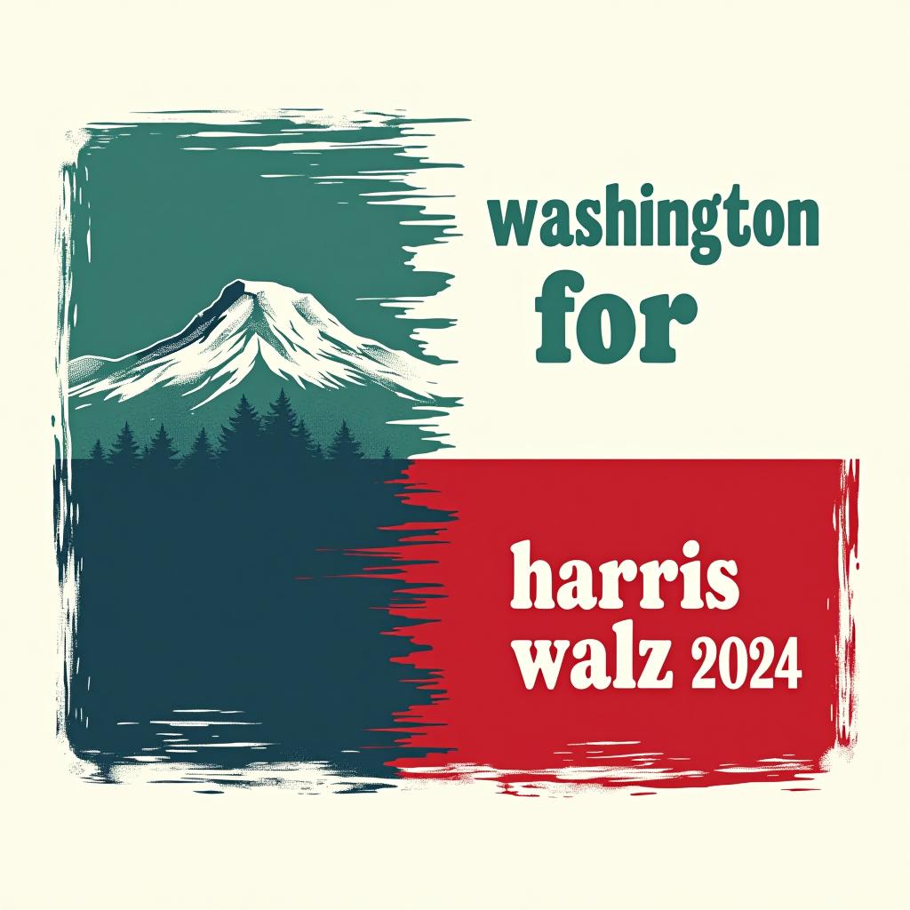  a tshirt design inspired by the washington state flag. the left side features a green vertical stripe with a large mountain in the center. the right side is divided into two horizontal sections: the top section is white with the text 'washington for' in bold, green, uppercase letters, and the bottom section is red with the text 'harris walz 2024' in bold, white, uppercase letters. the overall layout is clean and straightforward, with a clear and patriotic color scheme of blue, white, and red.