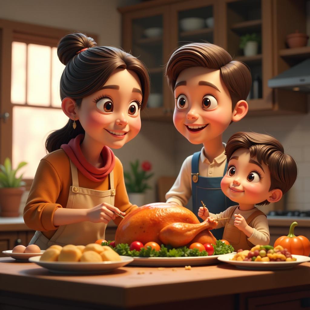  big head, big eyes, caricature, a caricature, rendering, (figurativism:0.8), family working together to prepare a delicious thanksgiving dinner feast in their cozy kitchen. parents are busy with the turkey and side dishes, children help with preparation for a festive night, epic realistic, pixar style, disney, (cycles render:1.3), caustics, (glossy:0.58), (artstation:0.2), cute