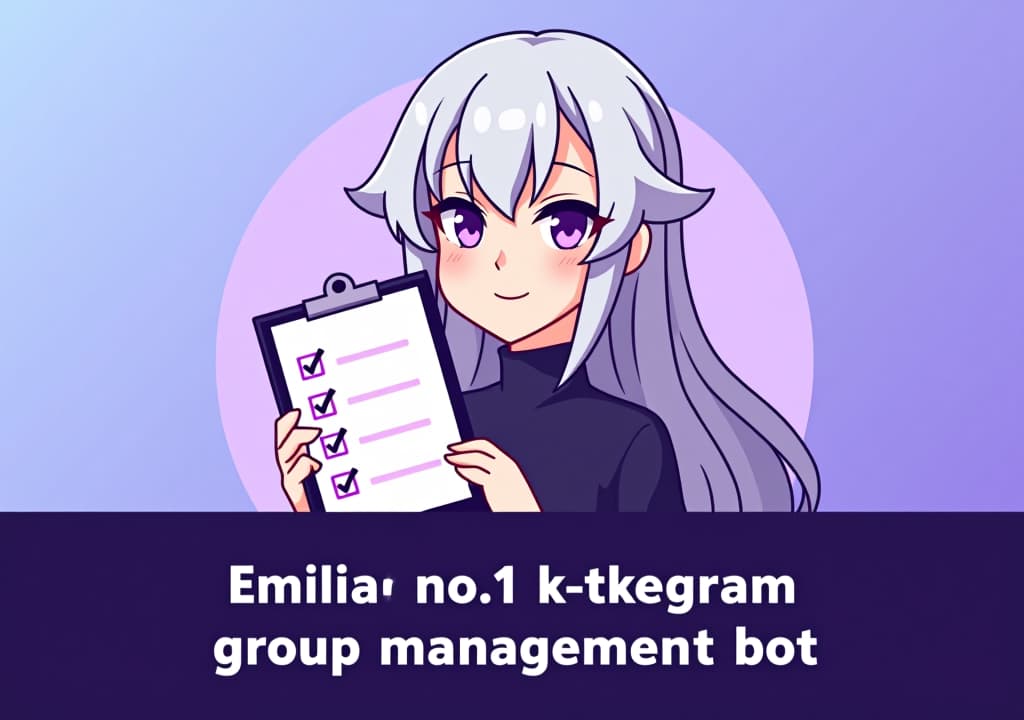  good quality, high quality, a profile picture featuring emilia from re:zero, with her silver hair and purple eyes, holding a stylized clipboard with a checklist. the background is a soft gradient of purple and blue. a bold banner at the bottom reads, "no.1 telegram group management bot" in large, white font with a slight drop shadow.