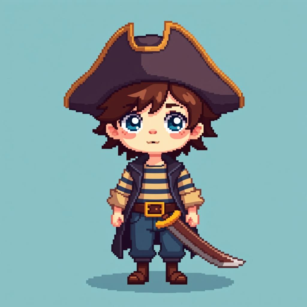  (((pixel art:10))), (high quality), full length, (a small, scruffy boy with tousled brown hair, wearing a pirate hat and a tattered striped shirt. he has bright blue eyes sparkling with curiosity and adventure. captain finn also carries a wooden sword that is a bit too big for him but adds to his pirate charm.) (the background is a simple plain light blue), (centered image composition)