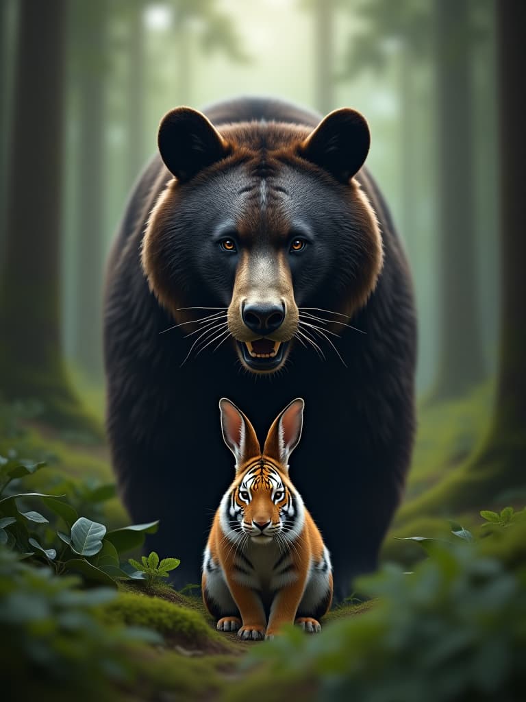  in the forest, i met a vicious black bear, who stood in front of the rabbit, and the tiger in front of the rabbit photo realistic, highly intricate and detailed, masterpiece, ultra high res,photography,8k resolution