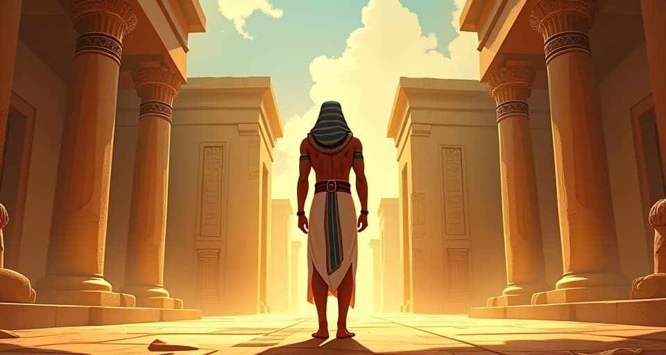  bright and open temple grounds, figure standing tall and relaxed, aura of lightness and freedom, weightlessness evident in posture.. the style is digital art illustration / modern comic book / mysterious occult, symbolic, esoteric vibe,high detail on character design, incorporating ancient egyptian symbology and attire.