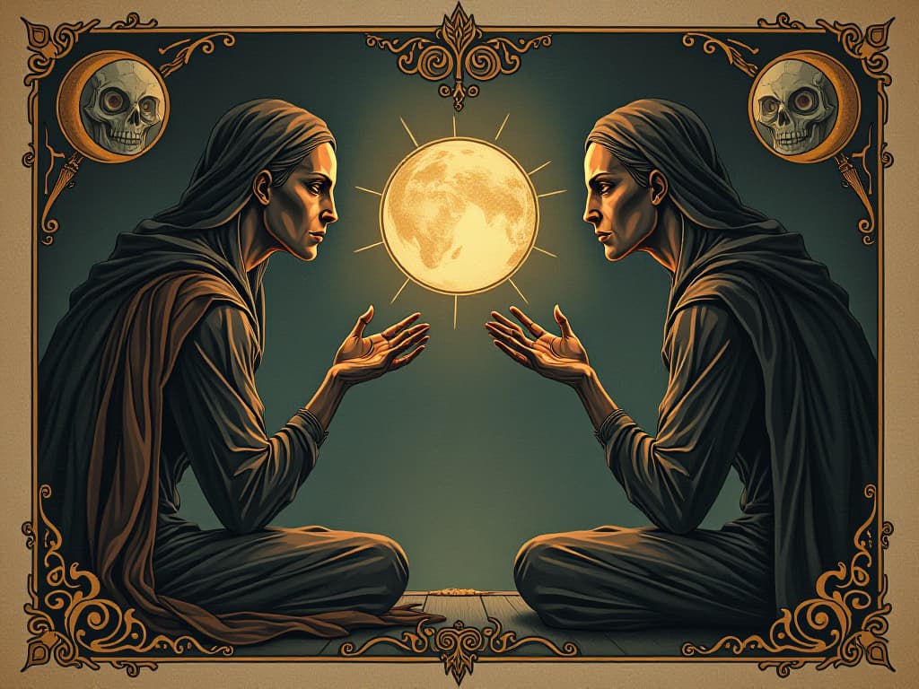  circle of acceptance, figures sharing insights, detailed expressions, light of understanding, valued wisdom. an illustration in the style of a worn, mystical old tarot trump card, mysterious and elements of surrealism. the colors are muted, somber and eerie, but with contrast bring out an occult and esoteric vibe.