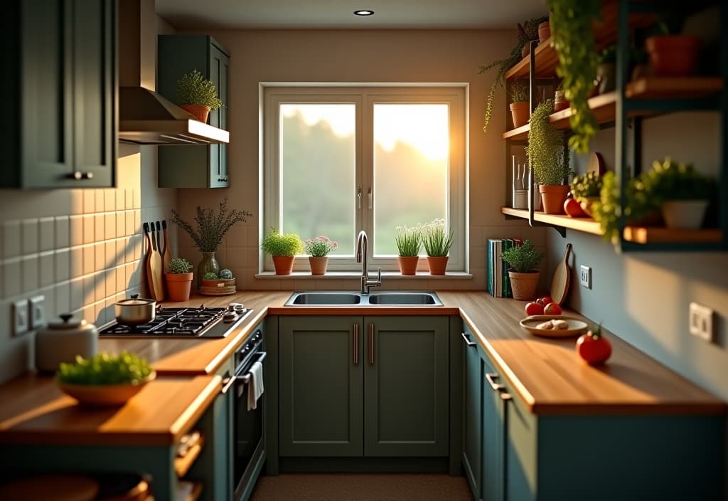  a landscape photo of a compact kitchen with fold down table, hanging pot rack, and vertical herb garden, shot from a high angle with warm lighting hyperrealistic, full body, detailed clothing, highly detailed, cinematic lighting, stunningly beautiful, intricate, sharp focus, f/1. 8, 85mm, (centered image composition), (professionally color graded), ((bright soft diffused light)), volumetric fog, trending on instagram, trending on tumblr, HDR 4K, 8K