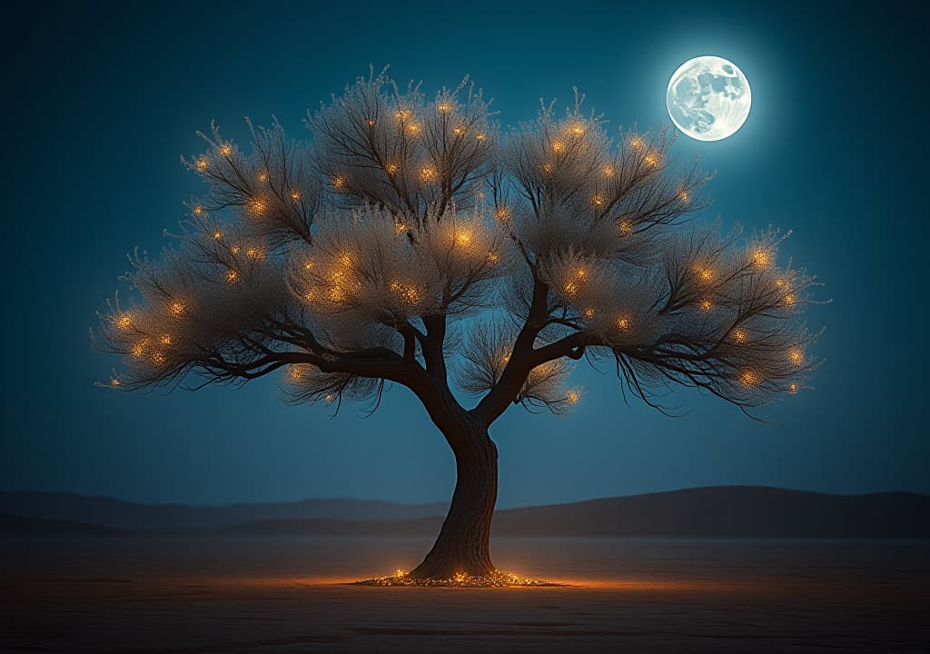  a serene, moonlit desert landscape with a majestic acacia tree at its center, its branches adorned with glowing, ethereal flowers and delicate, swirling patterns of light dancing across its trunk. hyperrealistic, full body, detailed clothing, highly detailed, cinematic lighting, stunningly beautiful, intricate, sharp focus, f/1. 8, 85mm, (centered image composition), (professionally color graded), ((bright soft diffused light)), volumetric fog, trending on instagram, trending on tumblr, HDR 4K, 8K