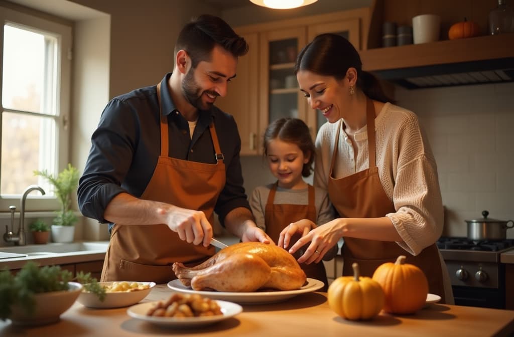  photo portrait family working together to prepare a delicious thanksgiving dinner feast in their cozy kitchen. parents are busy with the turkey and side dishes, children help with preparation for a festive night ar 3:2 {prompt}, maximum details