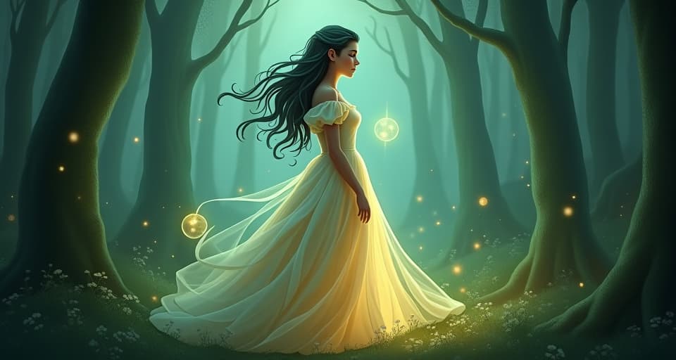  an ethereal maiden in a luminous, flowing dress, standing in an enchanted forest, her face a picture of sorrow, surrounded by glowing orbs of light. the style is digital art illustration,highly detailed, whimsical,magical, dreamlike atmosphere, realism and fantasy blend, smooth, glossy textures,luminous quality, wonder and enchantment.