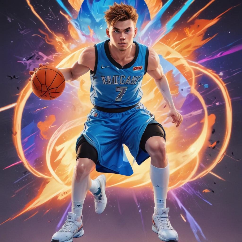 distance-shot, flashy, full-body, dynamic, holographic, animated cartoon poster of luka doncic in the style of dragon ball super