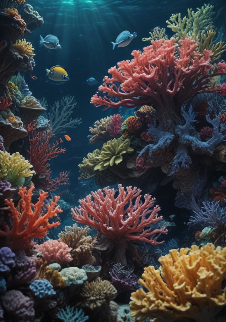 Create a deep sea wallpaper featuring marine life and corals. highly detailed,studio lighting,professional,vivid colors, cinematic lighting, HDR, UHD, 4K, 8k, 64K