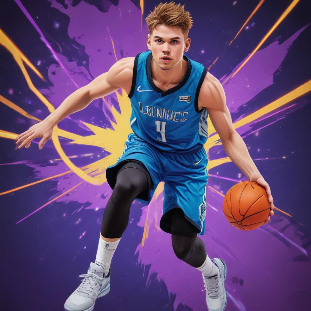 distance-shot, flashy, full-body, dynamic, holographic, animated cartoon poster of luka doncic in the style of dragon ball super