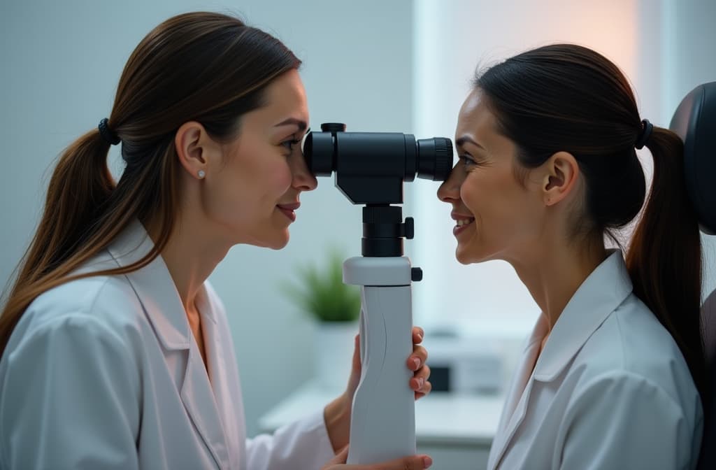  woman, optometry and slit lamp for test, vision or care for wellness assessment with health in clinic. doctor, optician and patient by machine, light and laser for retina scan with lens for eye exam ar 3:2 {prompt}, maximum details