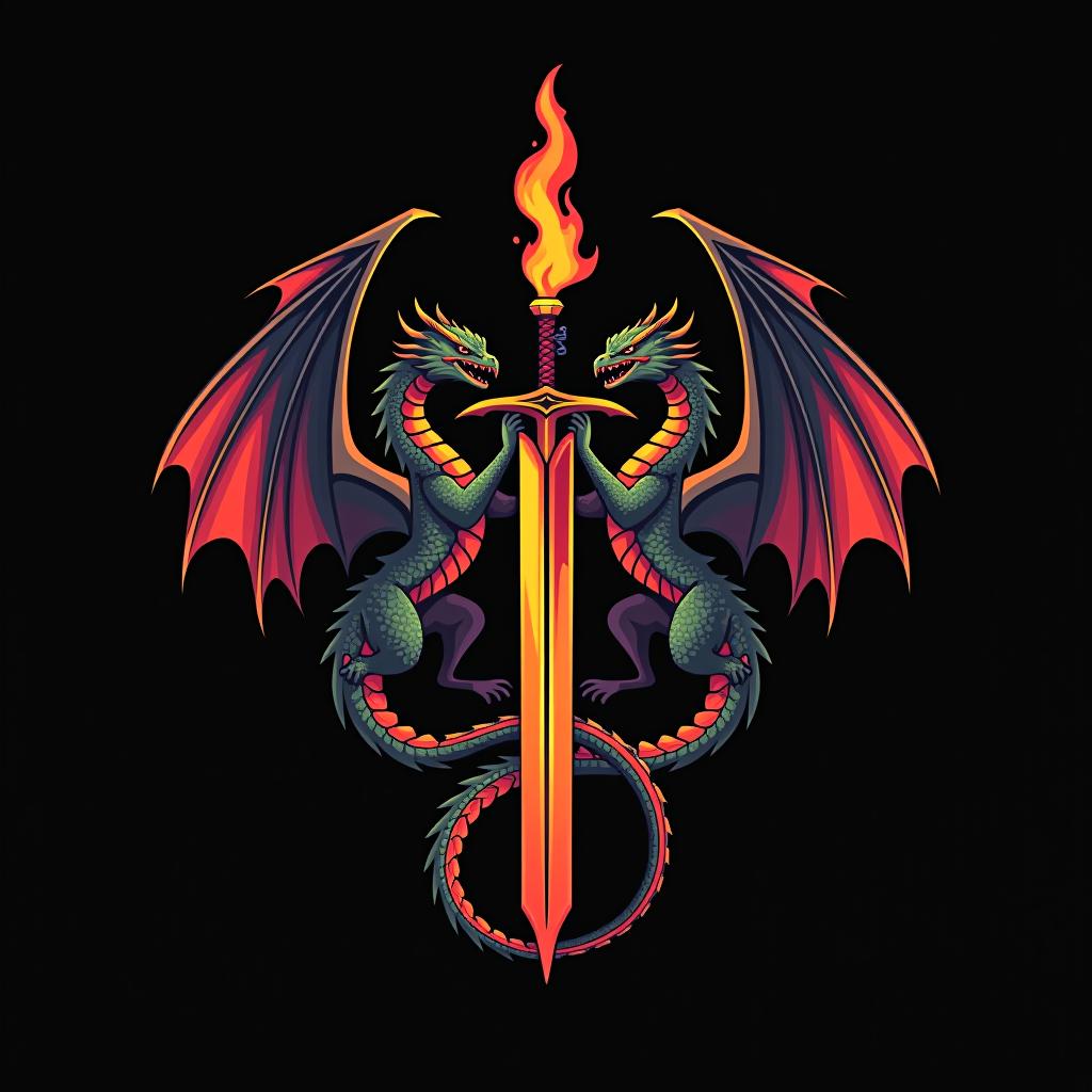  design a logo, custom sticker design on an isolated black background decorated by mythical dragons and a flaming sword